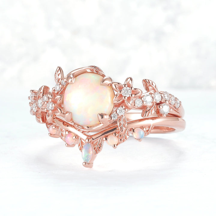 Nature Inspired Opal Flora & Leafy Gemstone Ring 2pcs