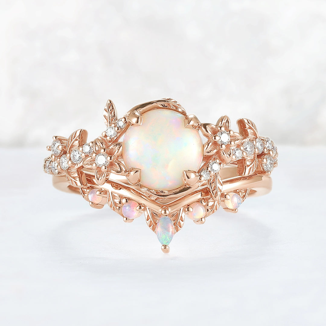 Nature Inspired Opal Flora & Leafy Gemstone Ring 2pcs