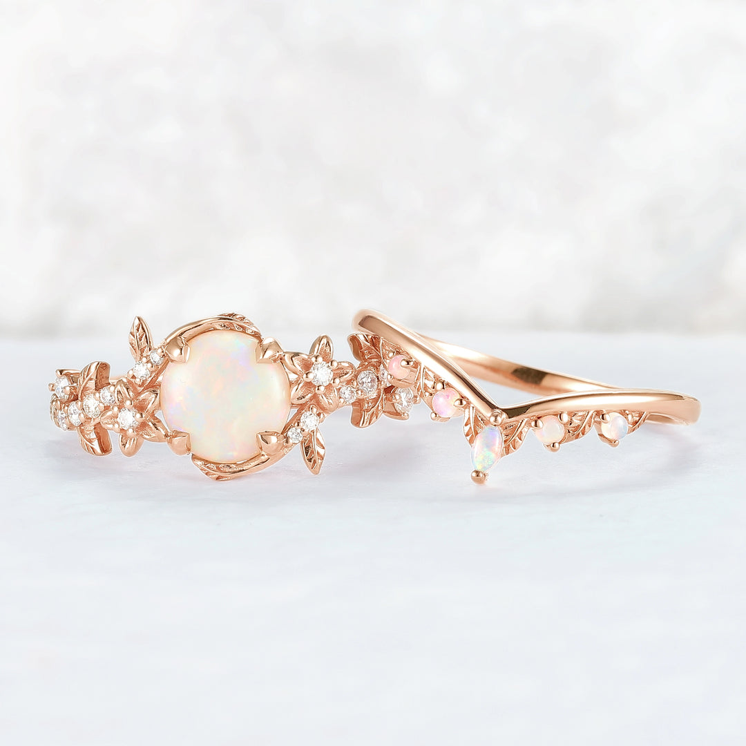 Nature Inspired Opal Flora & Leafy Gemstone Ring 2pcs