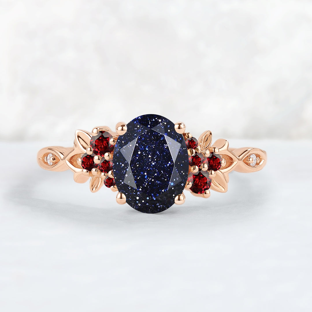 Nature Inspired Oval Cut Blue Star Sand Leaf Gemstone Ring