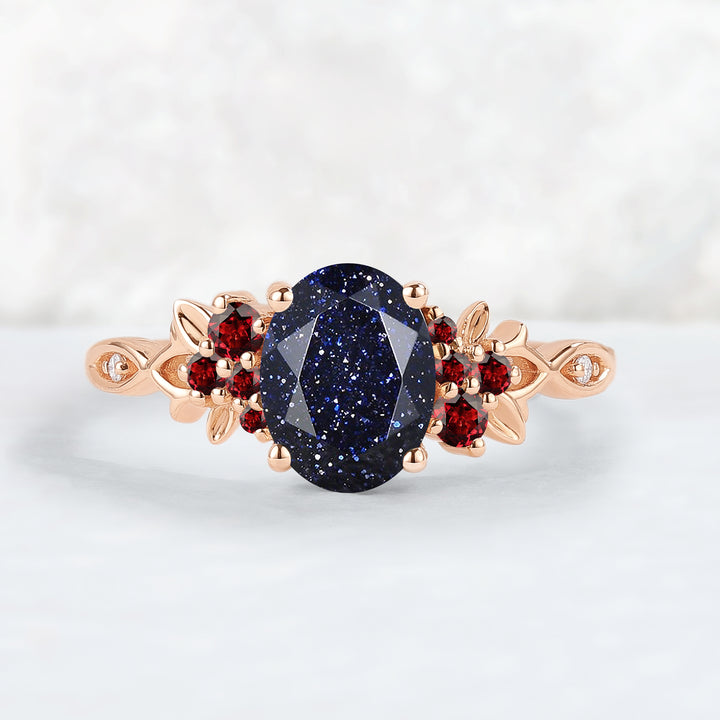 Nature Inspired Oval Cut Blue Star Sand Leaf Gemstone Ring