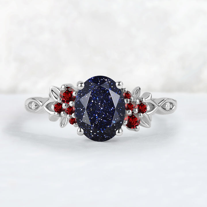 Nature Inspired Oval Cut Blue Star Sand Leaf Gemstone Ring