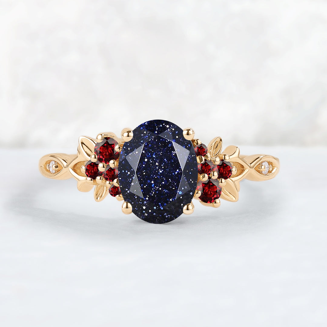 Nature Inspired Oval Cut Blue Star Sand Leaf Gemstone Ring