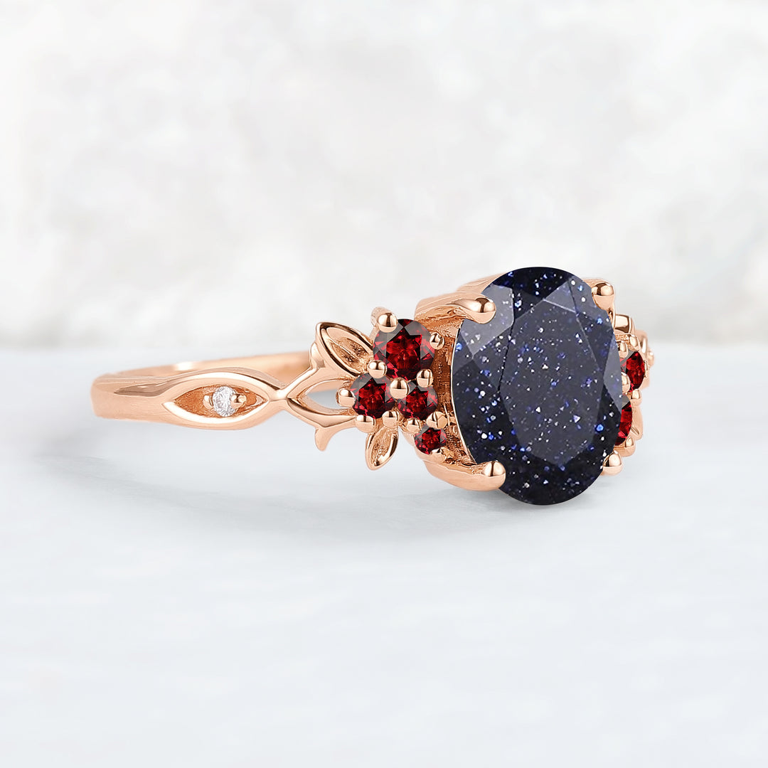 Nature Inspired Oval Cut Blue Star Sand Leaf Gemstone Ring