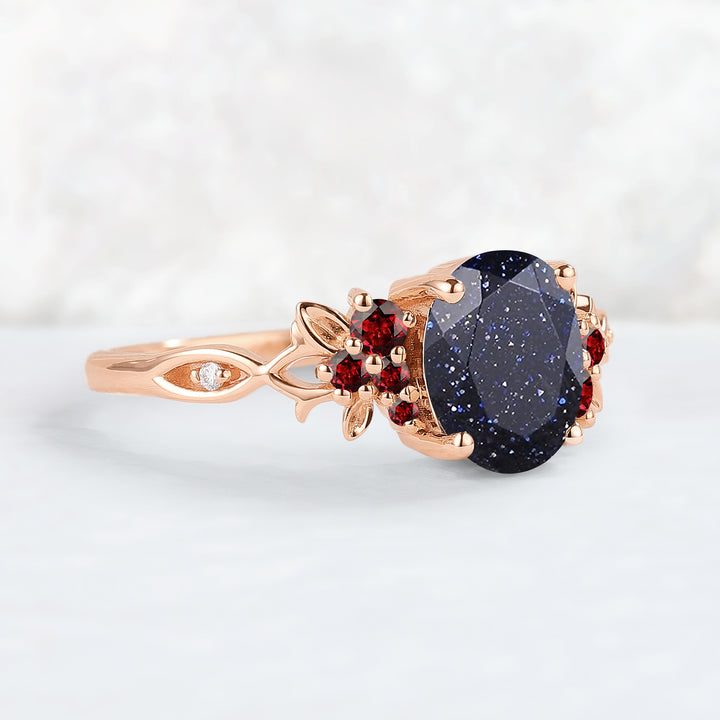 Nature Inspired Oval Cut Blue Star Sand Leaf Gemstone Ring