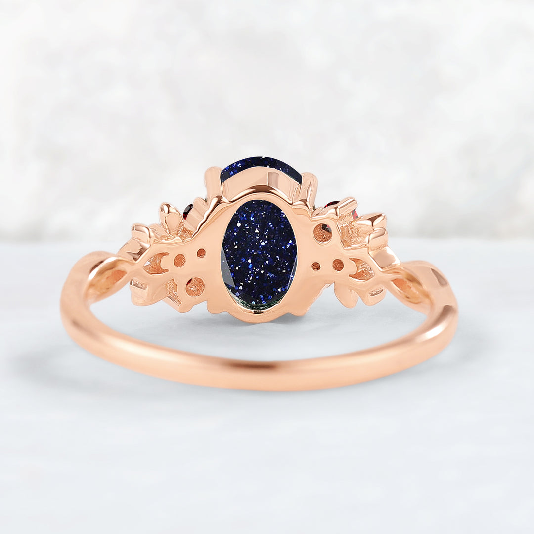 Nature Inspired Oval Cut Blue Star Sand Leaf Gemstone Ring