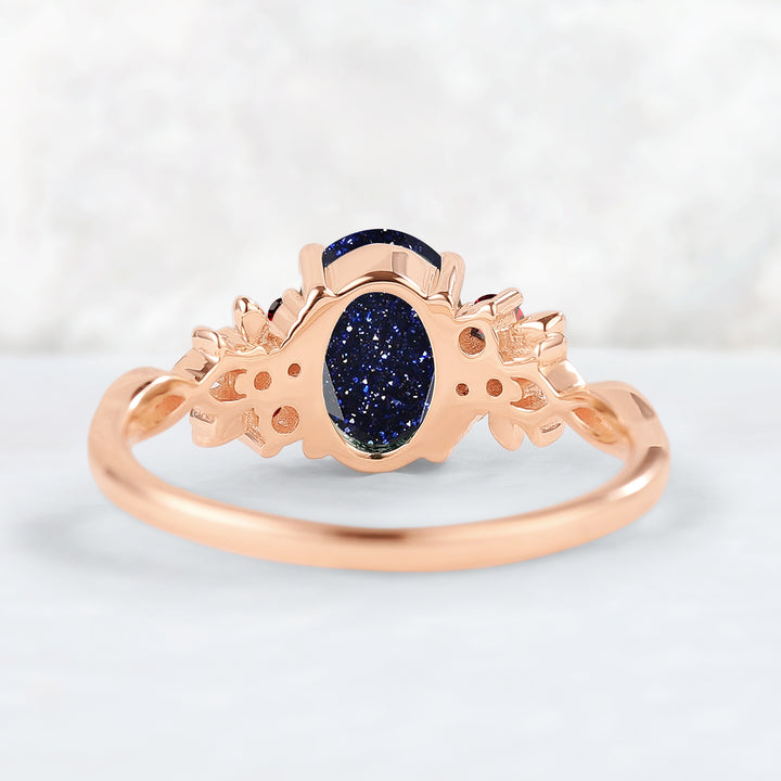 Nature Inspired Oval Cut Blue Star Sand Leaf Gemstone Ring