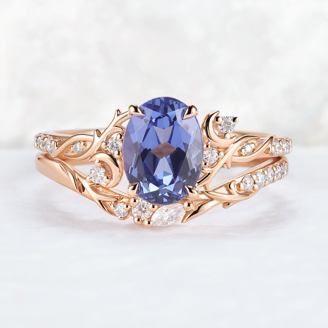 Nature Inspired Oval Cut Cornflower Sapphire Moon Gemstone Ring Set 2pcs