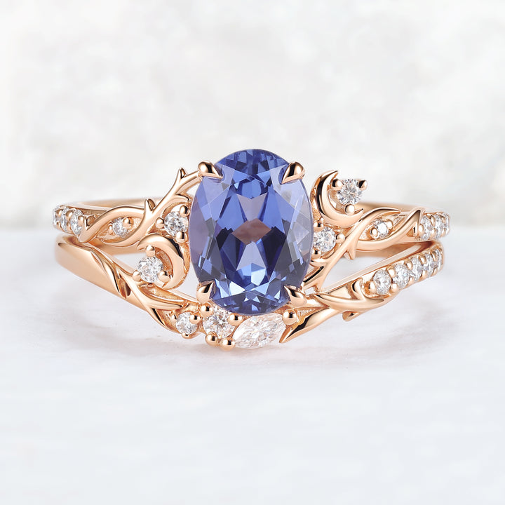 Nature Inspired Oval Cut Cornflower Sapphire Moon Gemstone Ring Set 2pcs