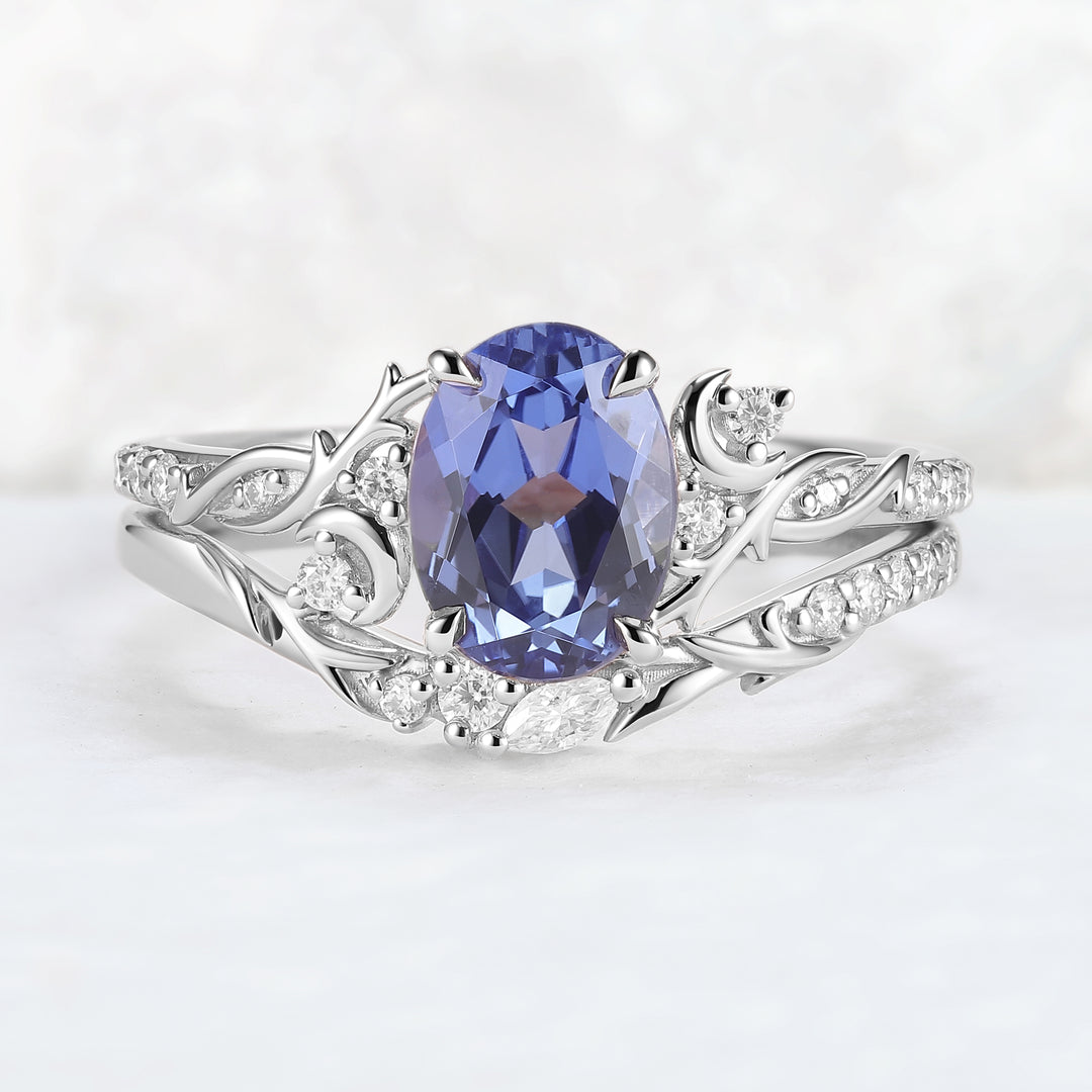 Nature Inspired Oval Cut Cornflower Sapphire Moon Gemstone Ring Set 2pcs