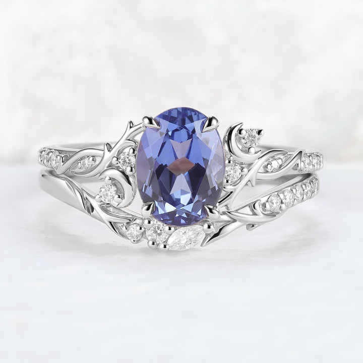 Nature Inspired Oval Cut Cornflower Sapphire Moon Gemstone Ring Set 2pcs