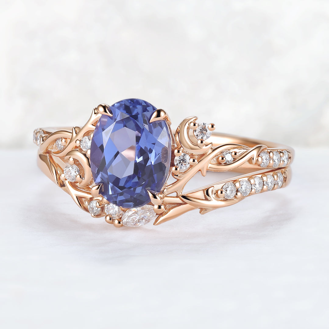 Nature Inspired Oval Cut Cornflower Sapphire Moon Gemstone Ring Set 2pcs