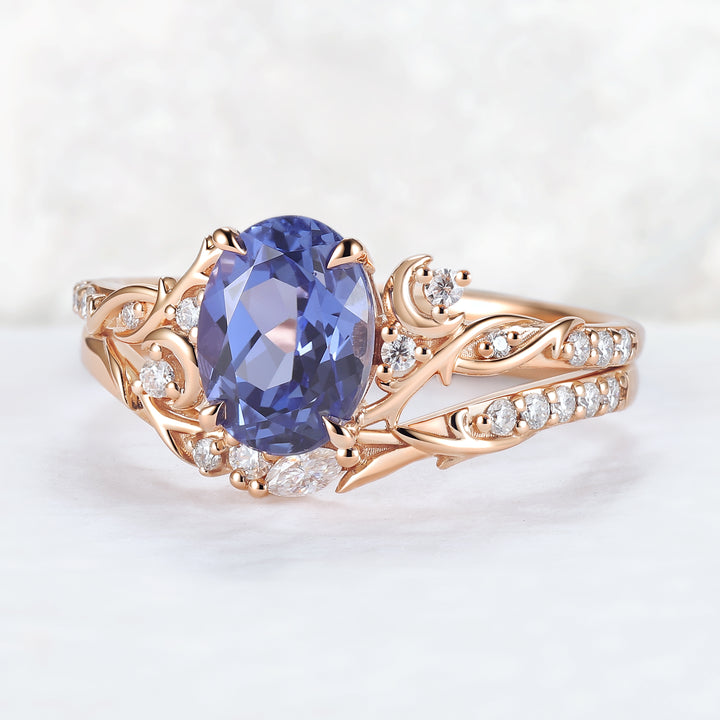 Nature Inspired Oval Cut Cornflower Sapphire Moon Gemstone Ring Set 2pcs