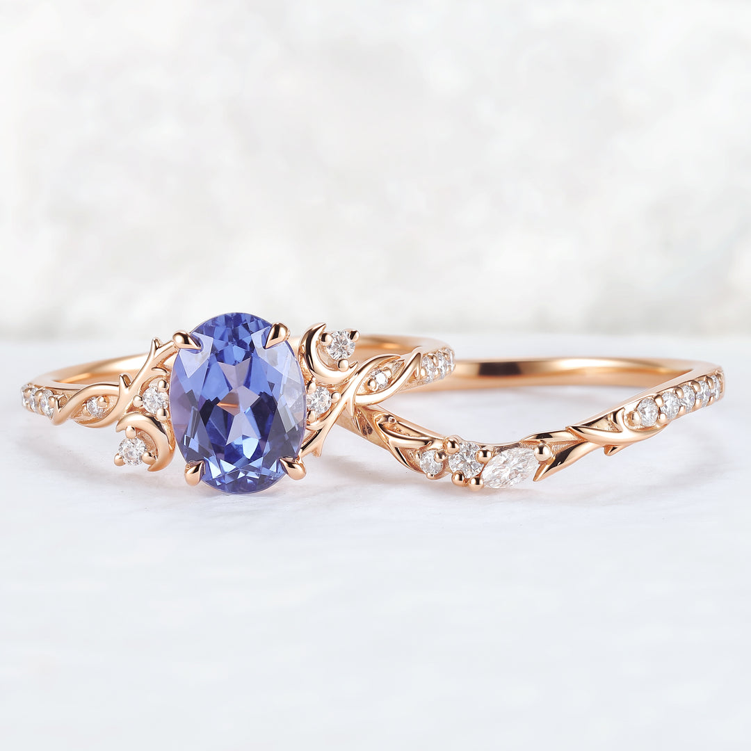 Nature Inspired Oval Cut Cornflower Sapphire Moon Gemstone Ring Set 2pcs