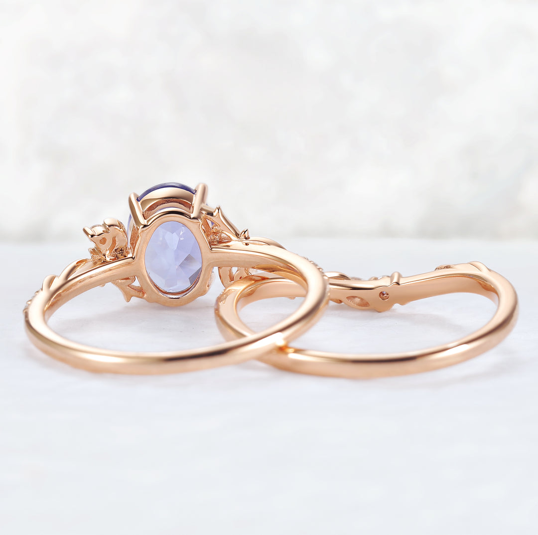 Nature Inspired Oval Cut Cornflower Sapphire Moon Gemstone Ring Set 2pcs