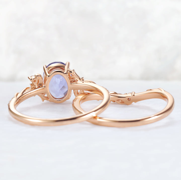 Nature Inspired Oval Cut Cornflower Sapphire Moon Gemstone Ring Set 2pcs
