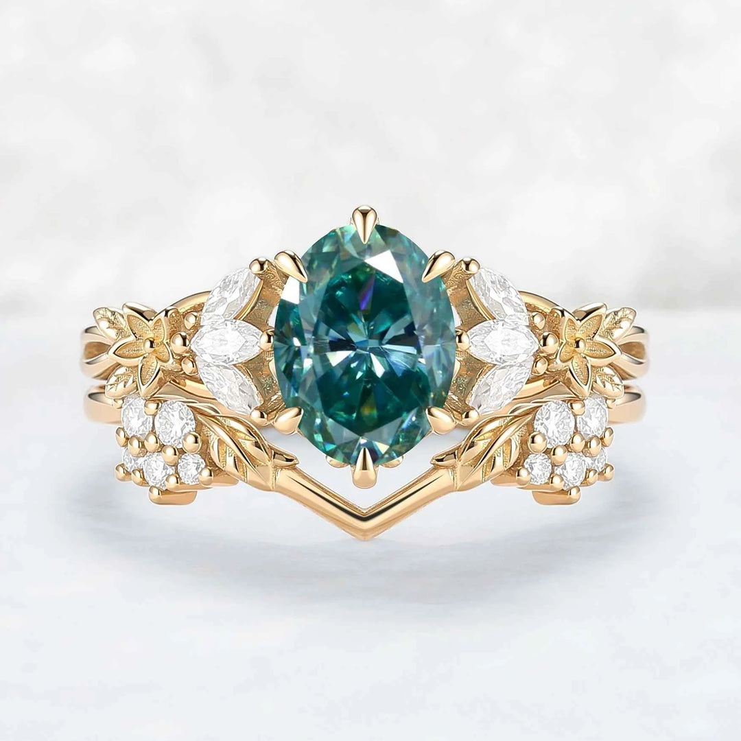 Nature Inspired Oval Cut Green Moissanite Leafy Engagement Ring Set 2pcs