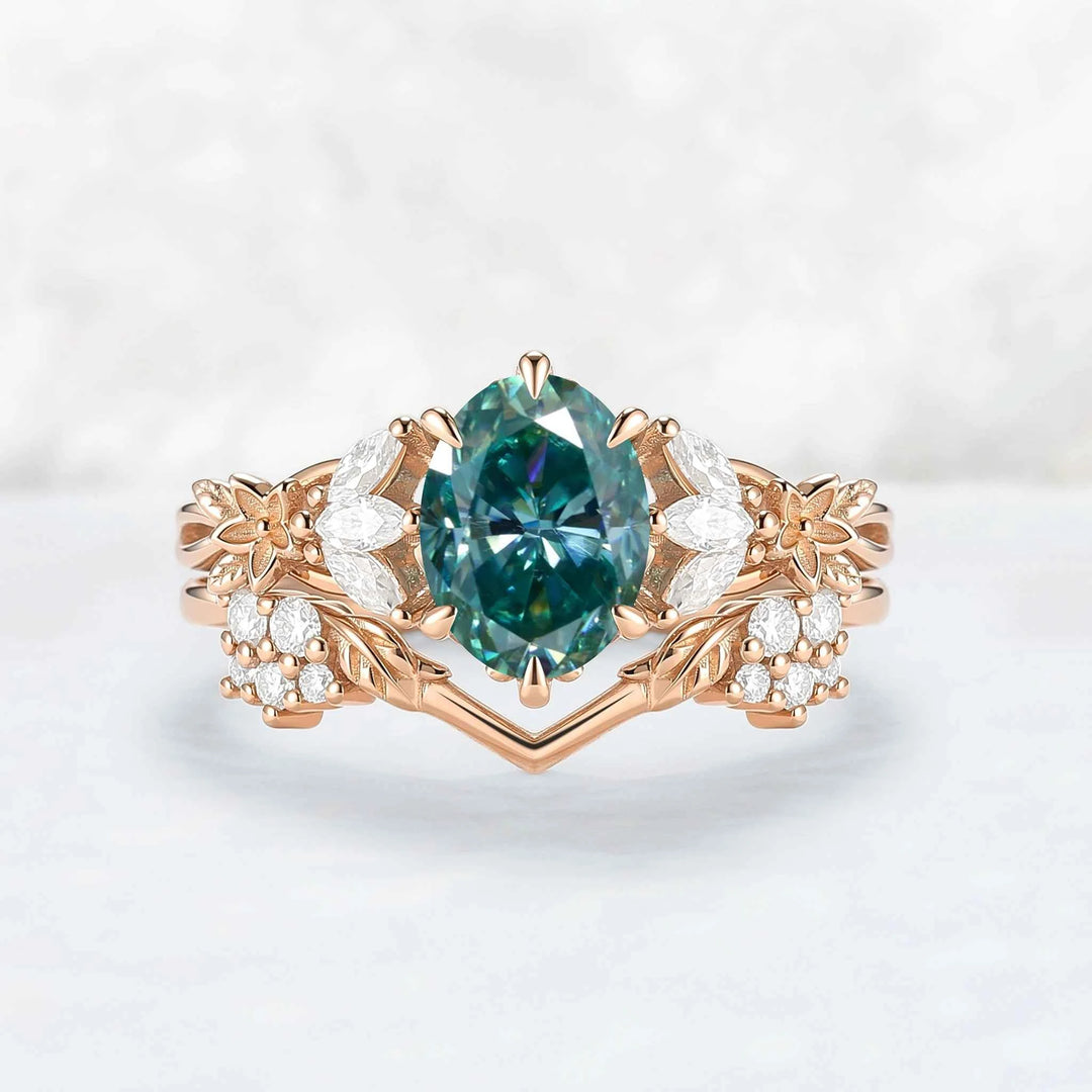 Nature Inspired Oval Cut Green Moissanite Leafy Engagement Ring Set 2pcs