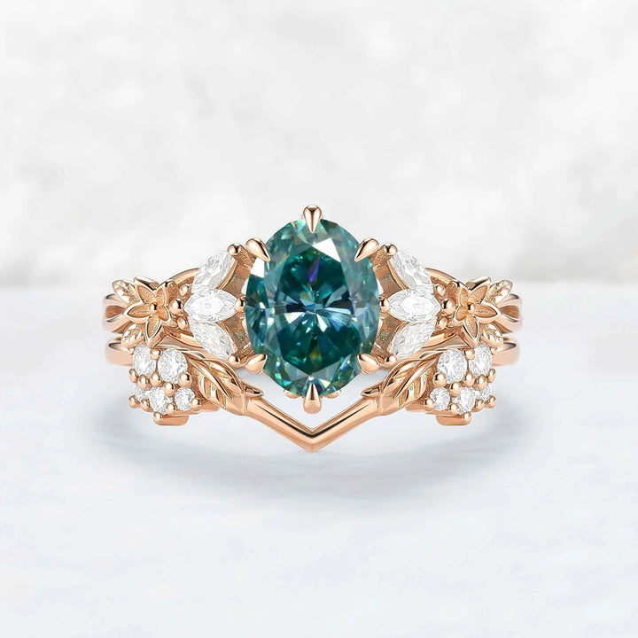 Nature Inspired Oval Cut Green Moissanite Leafy Engagement Ring Set 2pcs