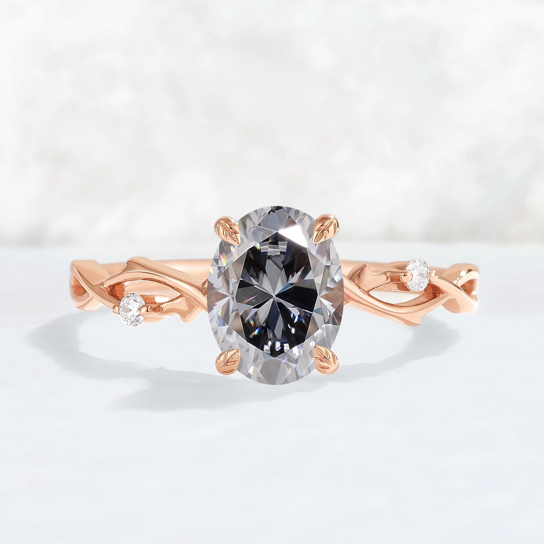 Nature Inspired Oval Cut Grey Moissanite Twist Vine Engagement Ring