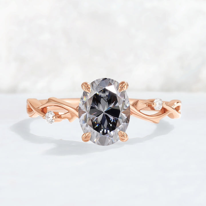 Nature Inspired Oval Cut Grey Moissanite Twist Vine Engagement Ring