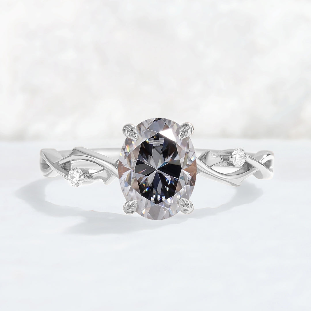 Nature Inspired Oval Cut Grey Moissanite Twist Vine Engagement Ring
