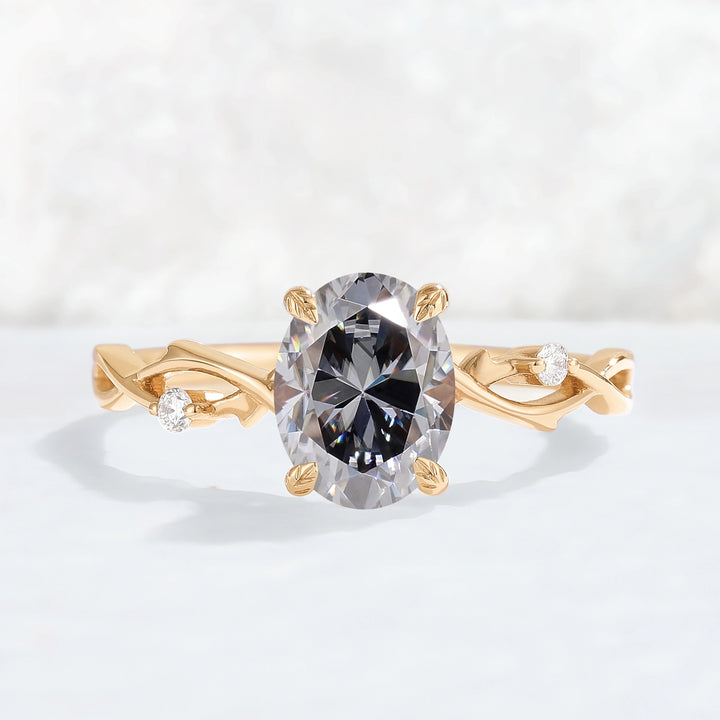 Nature Inspired Oval Cut Grey Moissanite Twist Vine Engagement Ring