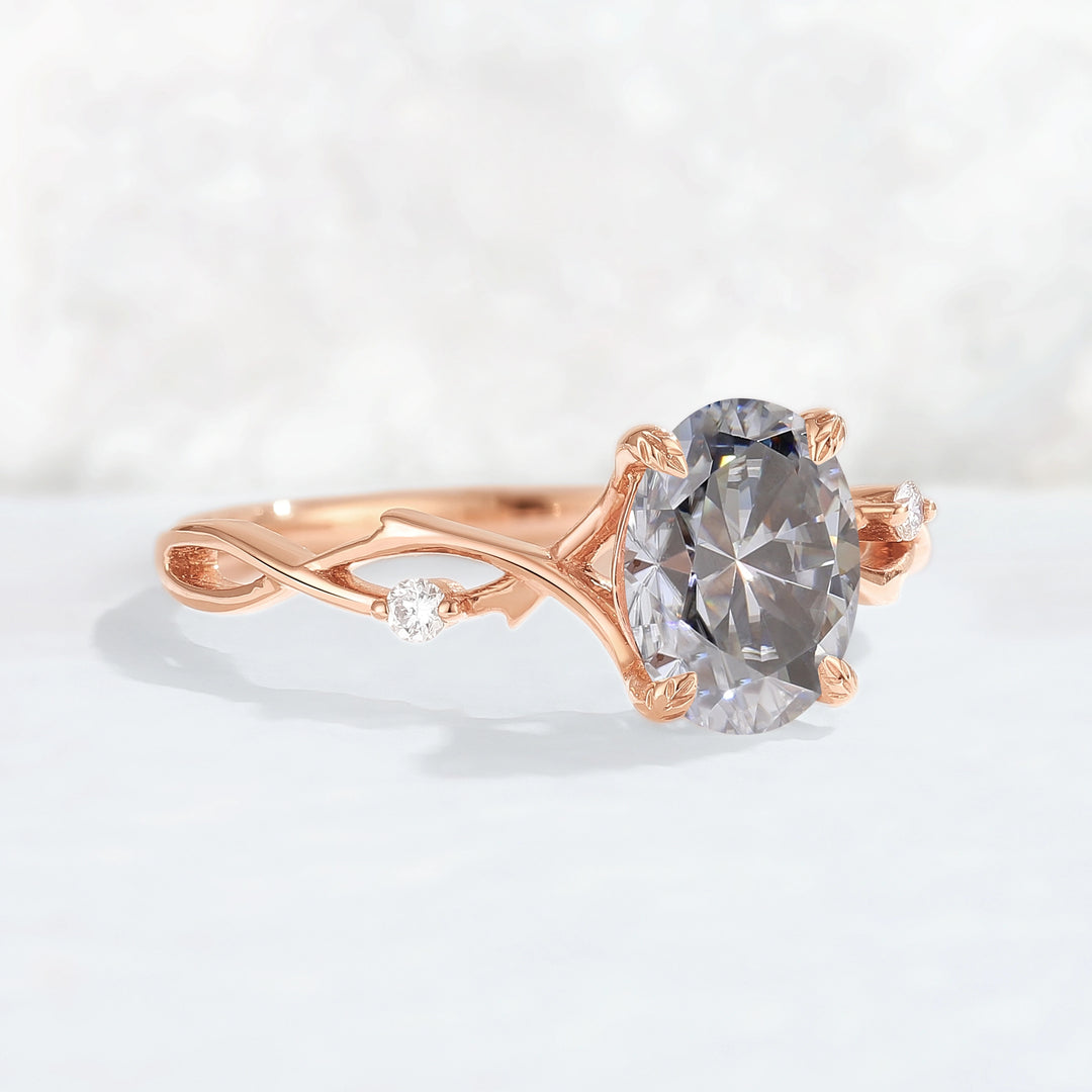 Nature Inspired Oval Cut Grey Moissanite Twist Vine Engagement Ring