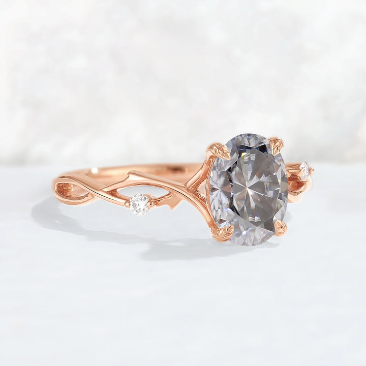 Nature Inspired Oval Cut Grey Moissanite Twist Vine Engagement Ring