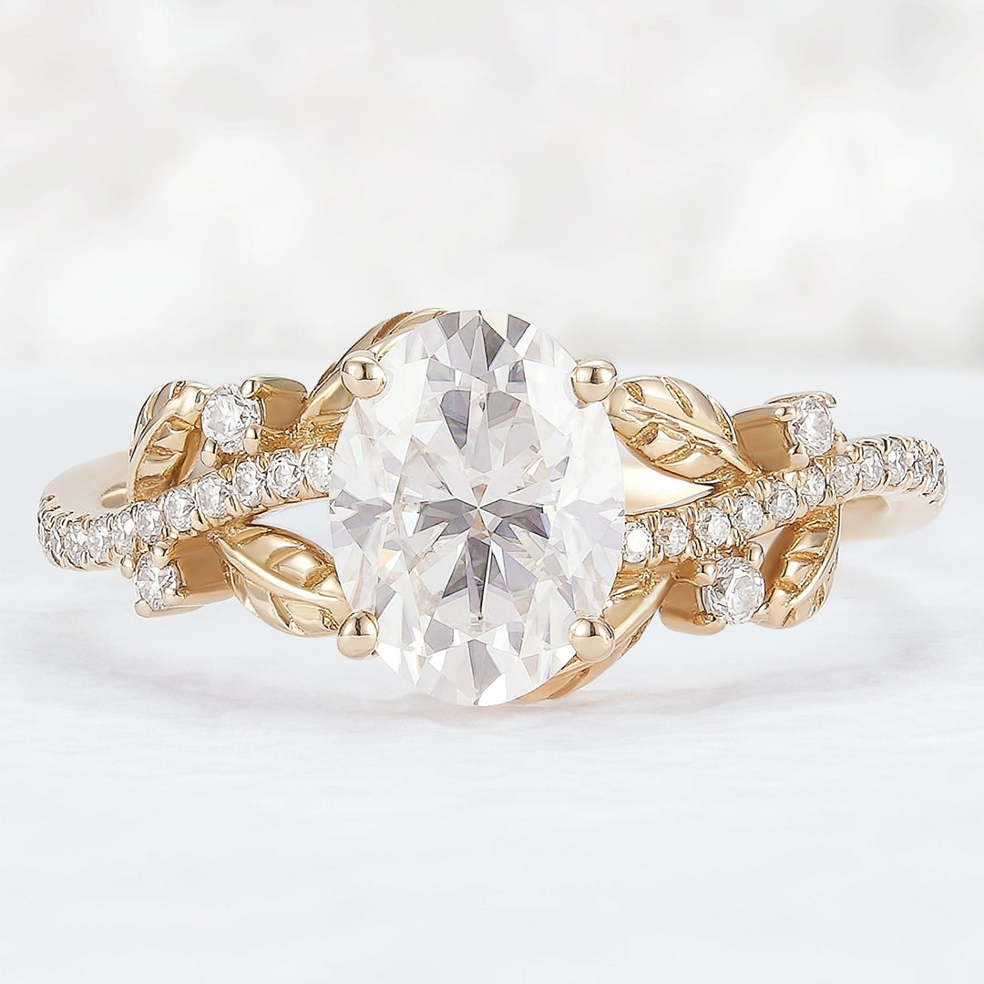 Nature Inspired Oval Cut Moissanite Leaf Engagement Ring-1