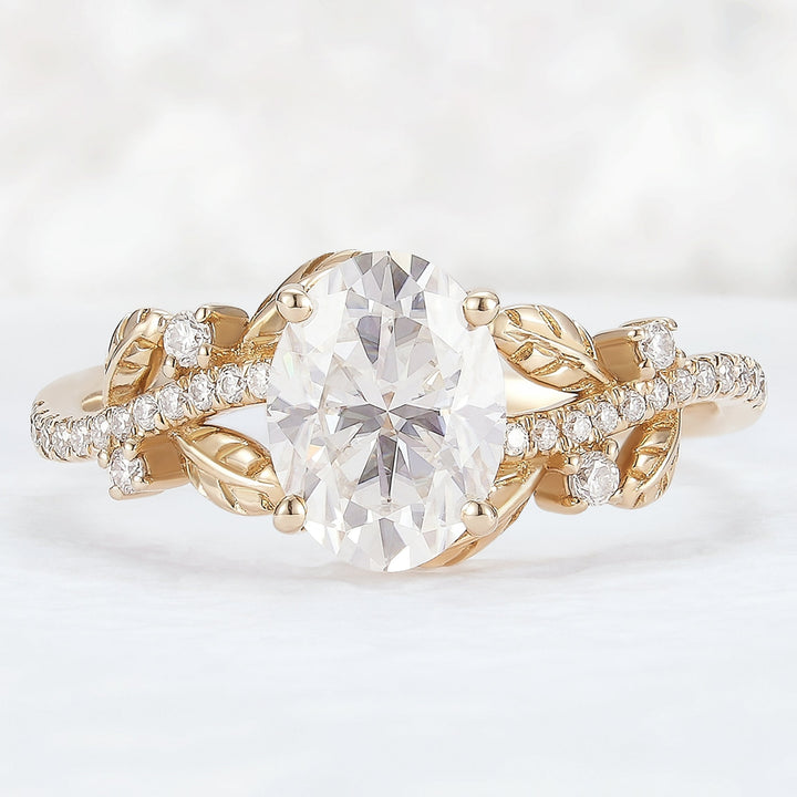 Nature Inspired Oval Cut Moissanite Leaf Engagement Ring-1