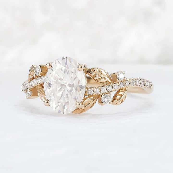 Nature Inspired Oval Cut Moissanite Leaf Gemstone Ring