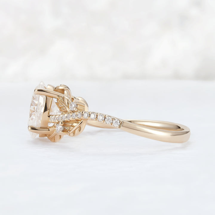 Nature Inspired Oval Cut Moissanite Leaf Gemstone Ring