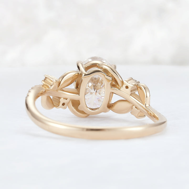 Nature Inspired Oval Cut Moissanite Leaf Gemstone Ring