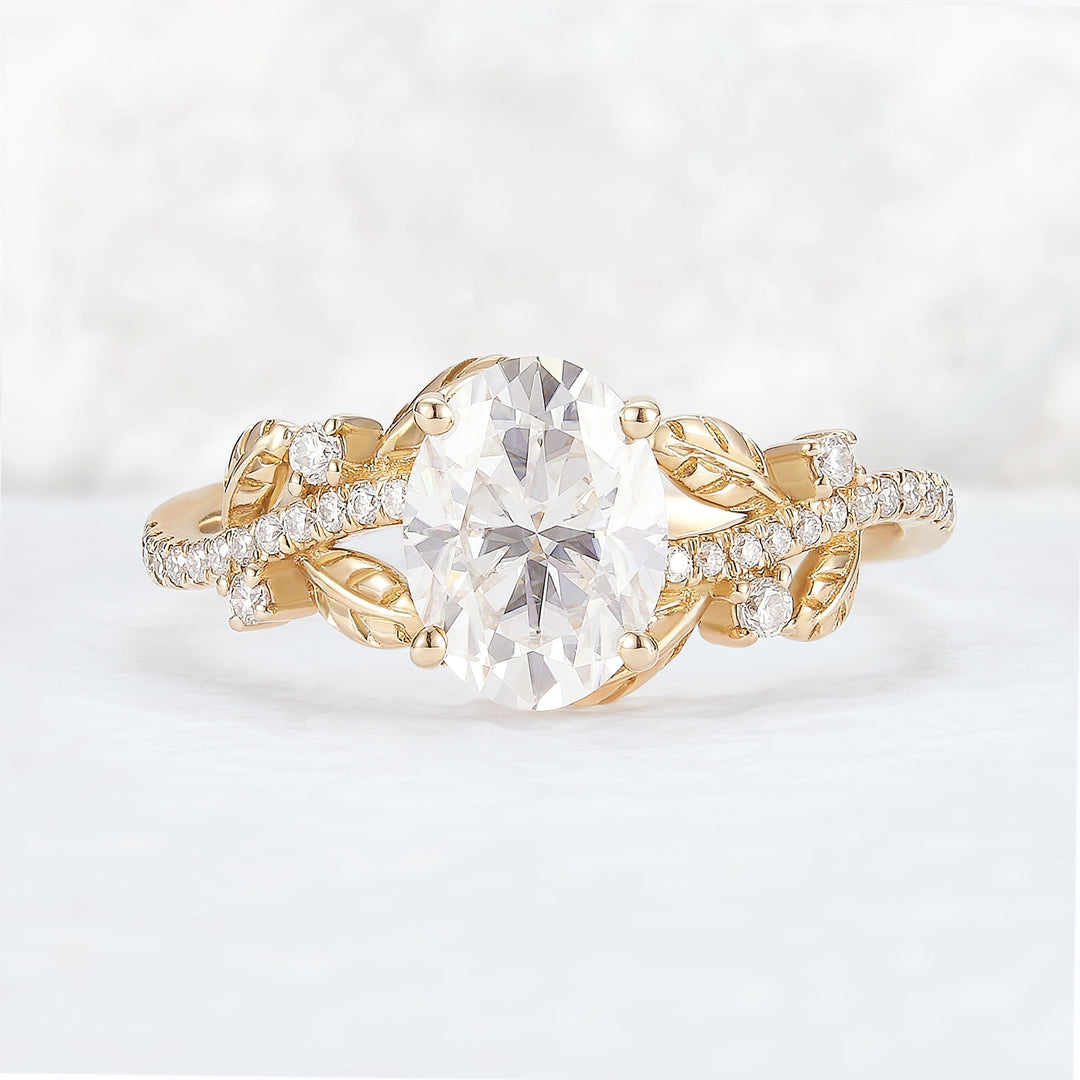 Nature Inspired Oval Cut Moissanite Leaf Gemstone Ring