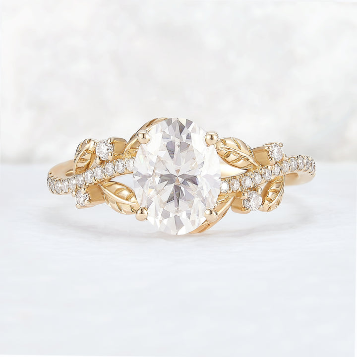 Nature Inspired Oval Cut Moissanite Leaf Gemstone Ring