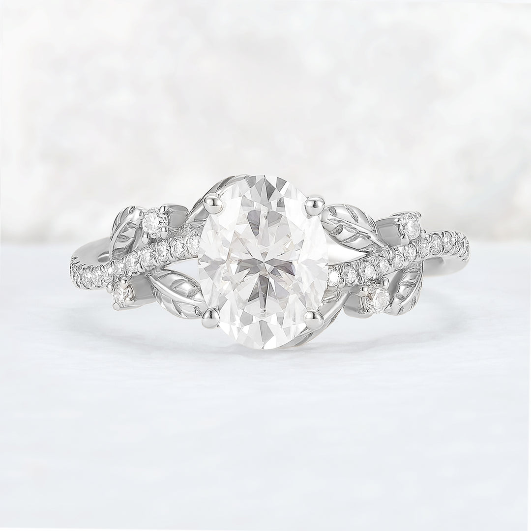 Nature Inspired Oval Cut Moissanite Leaf Gemstone Ring