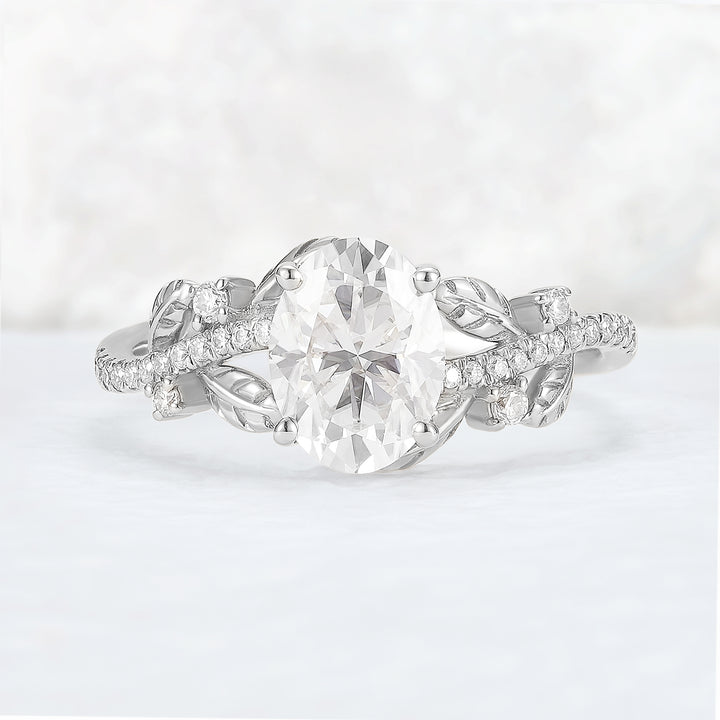 Nature Inspired Oval Cut Moissanite Leaf Gemstone Ring