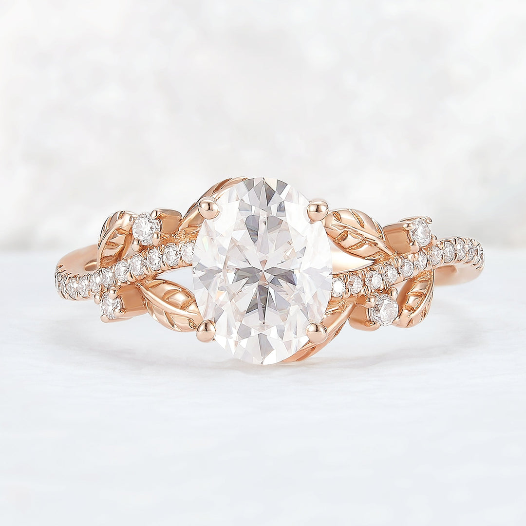 Nature Inspired Oval Cut Moissanite Leaf Gemstone Ring