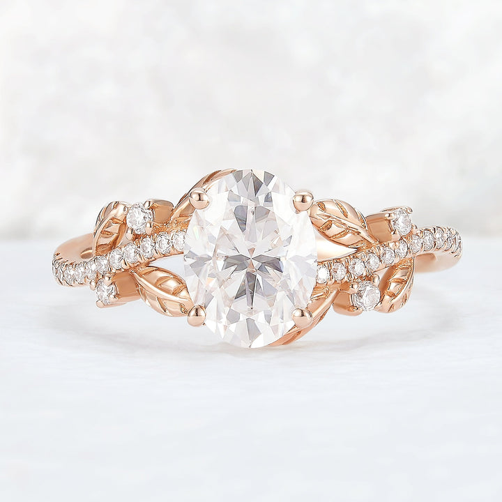 Nature Inspired Oval Cut Moissanite Leaf Gemstone Ring