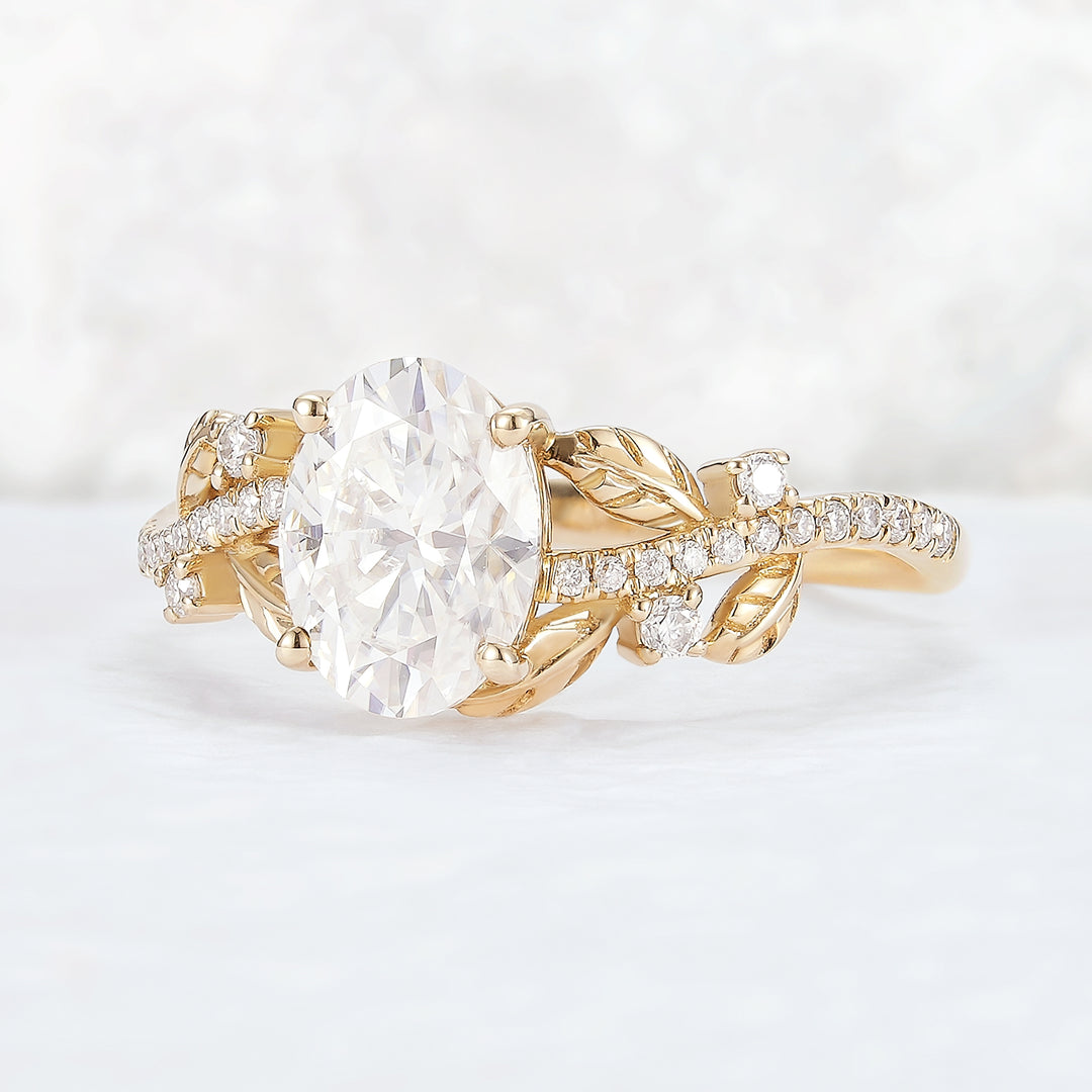 Nature Inspired Oval Cut Moissanite Leaf Gemstone Ring