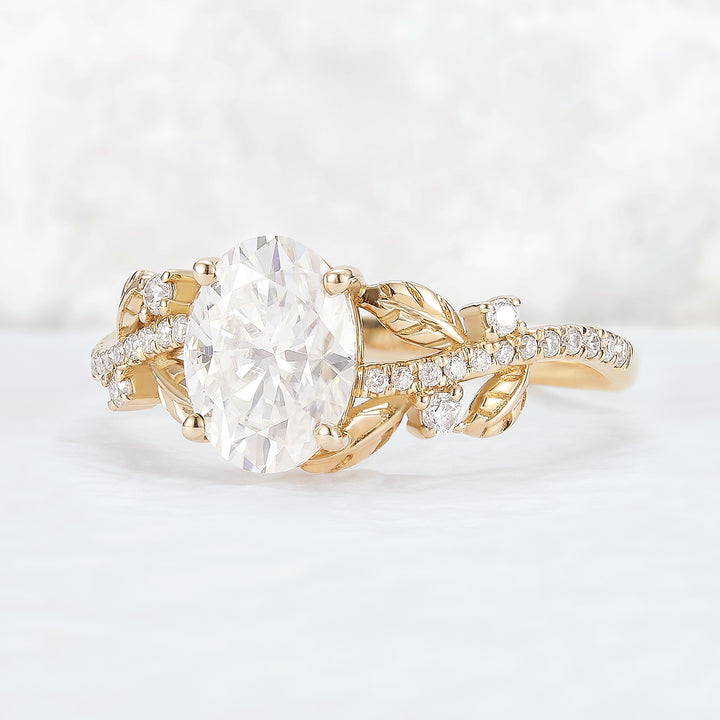 Nature Inspired Oval Cut Moissanite Leaf Gemstone Ring
