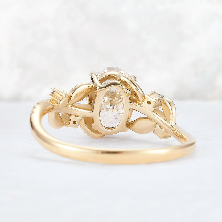 Nature Inspired Oval Cut Moissanite Leaf Gemstone Ring