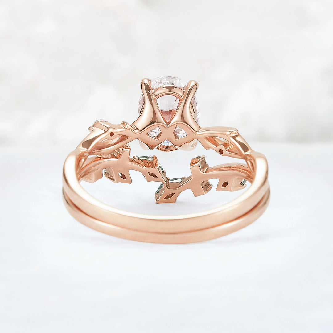 Nature Inspired Oval Cut Moissanite Leaf and Vine Ring Set 2pcs