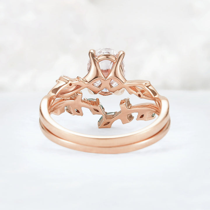 Nature Inspired Oval Cut Moissanite Leaf and Vine Ring Set 2pcs