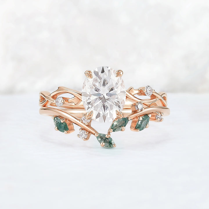 Nature Inspired Oval Cut Moissanite Leaf and Vine Ring Set 2pcs