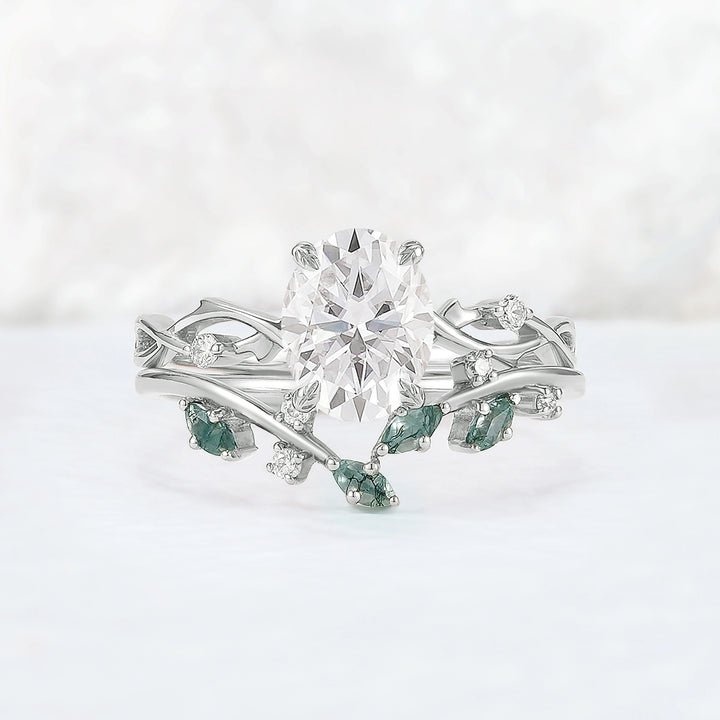 Nature Inspired Oval Cut Moissanite Leaf and Vine Ring Set 2pcs