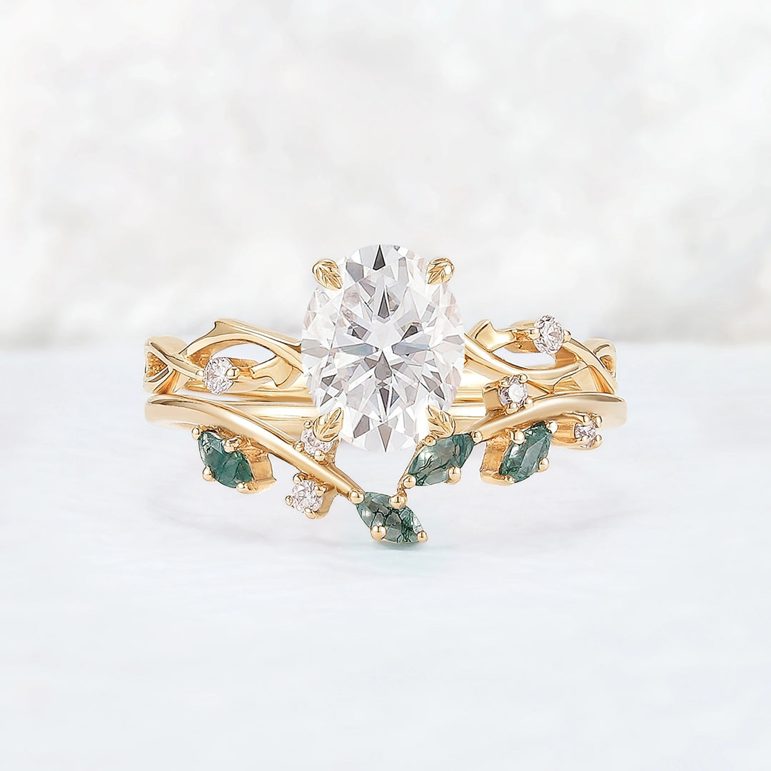 Nature Inspired Oval Cut Moissanite Leaf and Vine Ring Set 2pcs