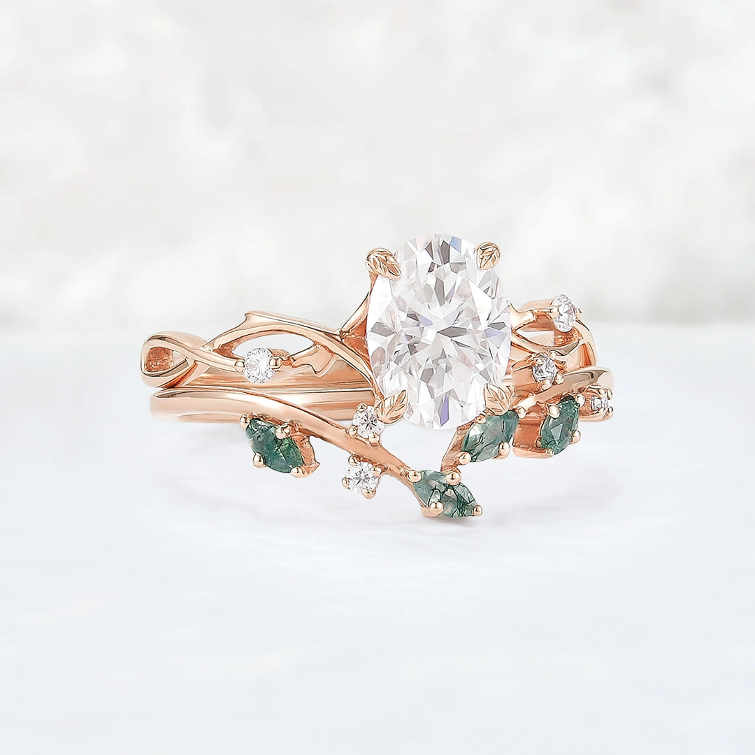 Nature Inspired Oval Cut Moissanite Leaf and Vine Ring Set 2pcs