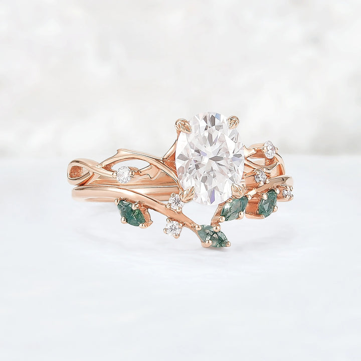 Nature Inspired Oval Cut Moissanite Leaf and Vine Ring Set 2pcs